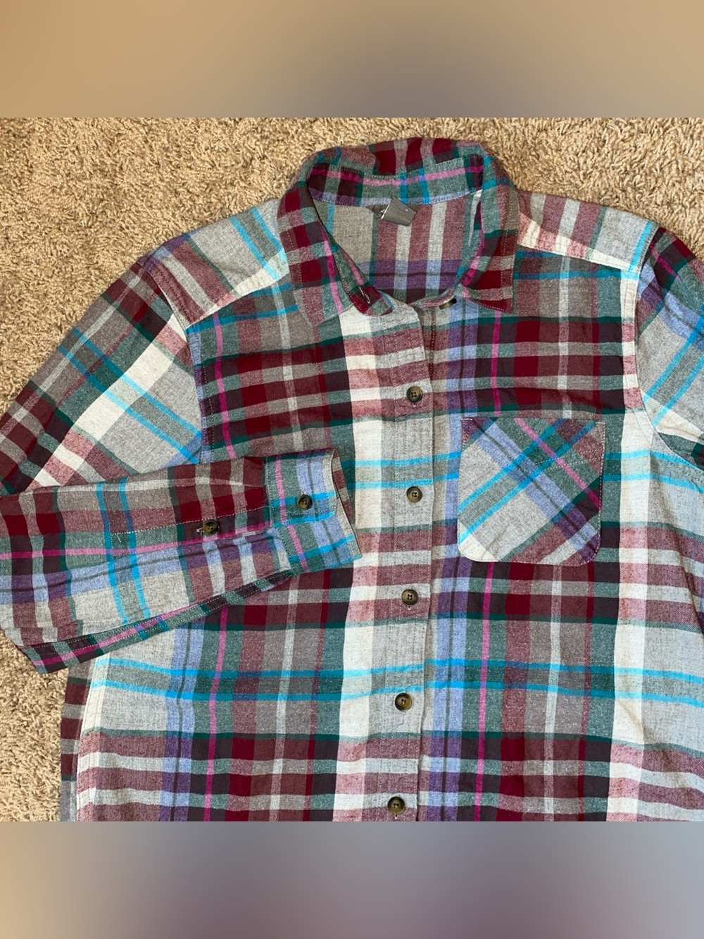 Eddie Bauer Plaid Flannel Shirt Women's S Gray Purple Lightweight Hiking Outdoor
